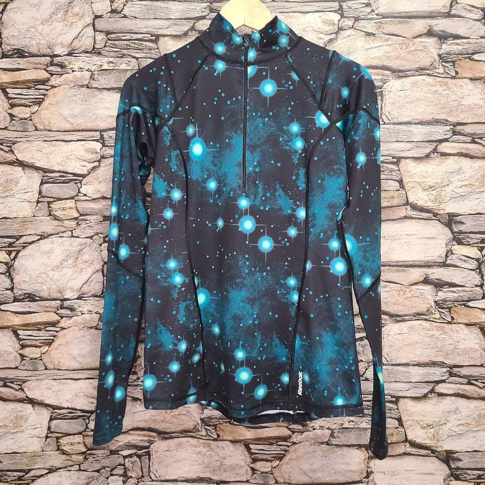 Reebok Womens Athletic Jacket Size Med Black Blue Green Thumbholes Half Zip